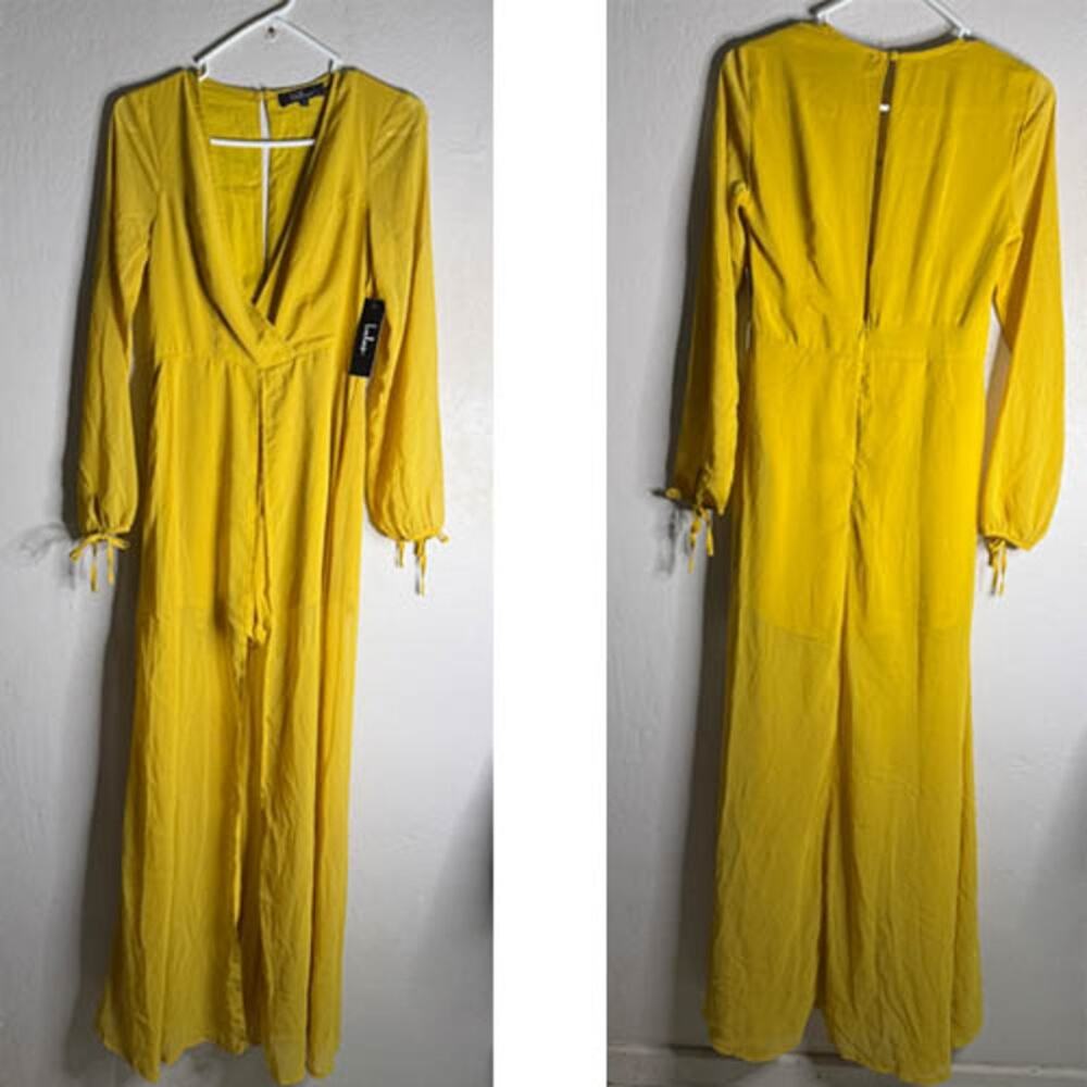 Lulus Mustard Yellow Maxi Skort Dress S NWT Deep V Boho Festival